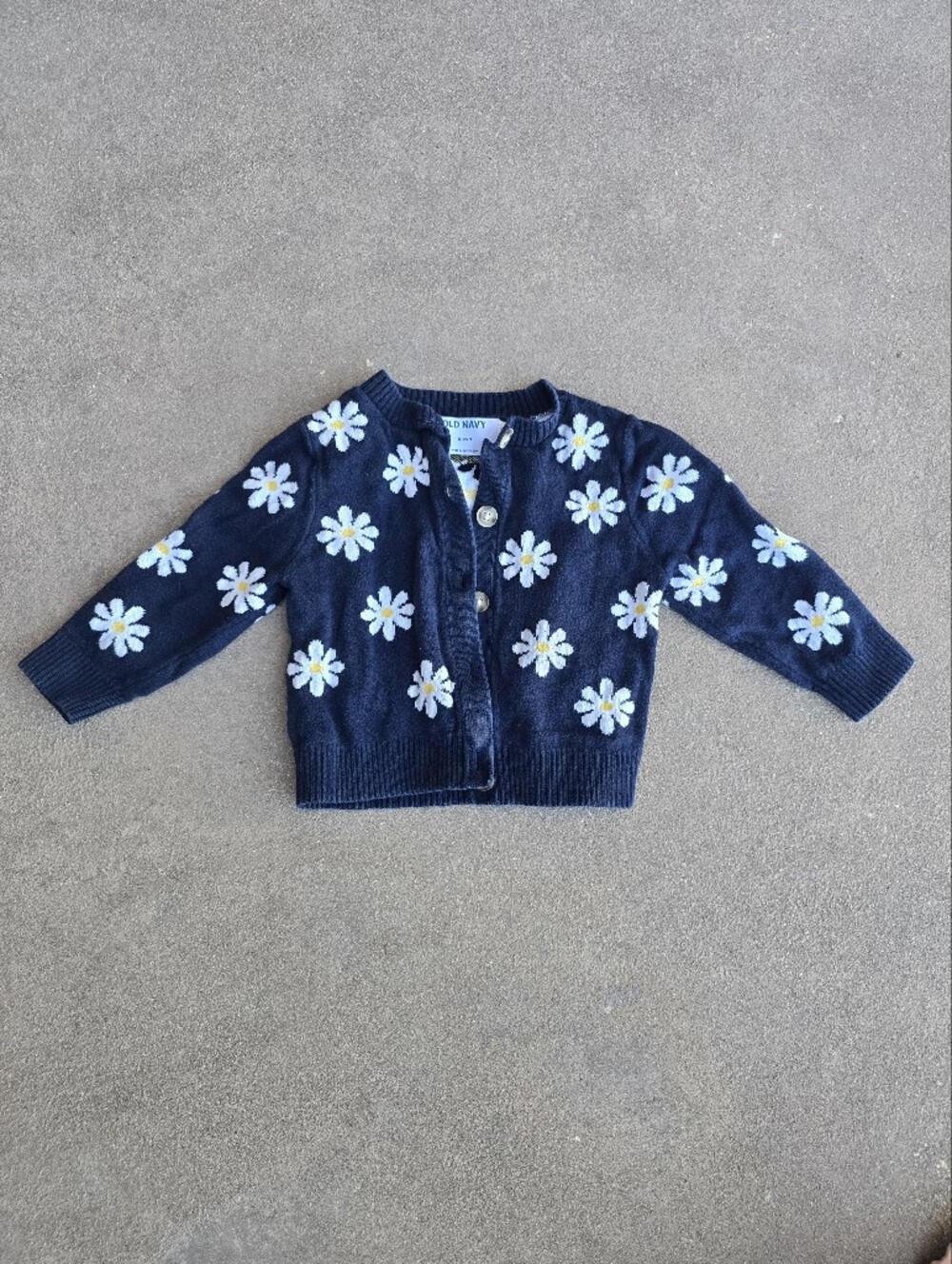 Old Navy Girl's Navy Daisy Knit Cardigan with White & Yellow Flower Accents